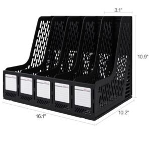 5-Compartment Magazine File Holder & Desk Organizer, Black, Detachable, Office Storage